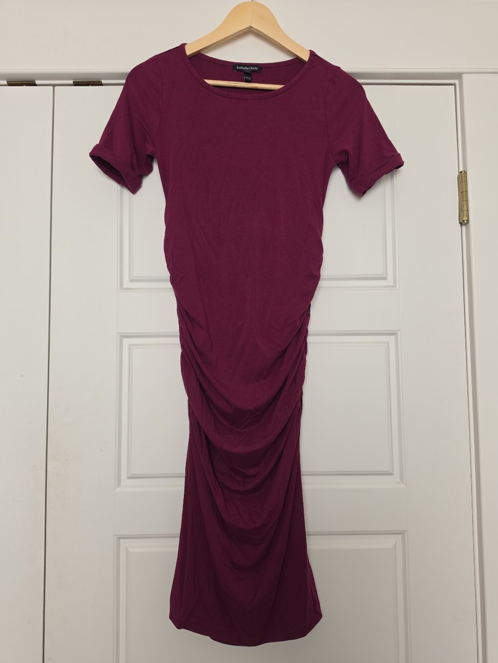 Isabella Oliver, wine red, cuffed-sleeves, ruched maternity dress, size 1 (S)